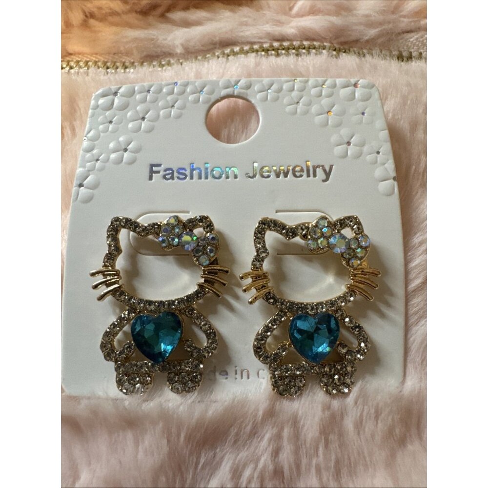 Hello Kitty Blue Rhinestone Heart Bow Bling Earrings NEW